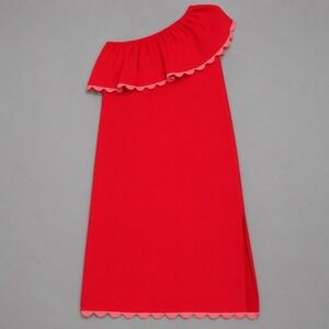 Tuckernuck Linen One Shoulder Dress Size L Red Vibrant Ruffled Resort Party Sexy